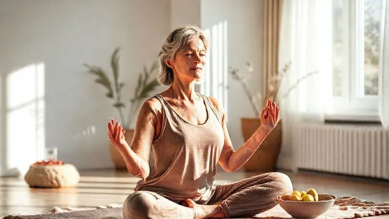 A photorealistic, professional photography, 8K, cinematic lighting, sharp focus, depth of field, shot on a high-end DSLR. A serene woman in her late 40s or early 50s practicing gentle yoga or meditation in a sunlit, minimalist room, surrounded by subtle elements like a glass of water, a bowl of fresh fruit, and a comfortable, breathable blanket. The atmosphere is calm and restorative, symbolizing holistic wellness and lifestyle changes for menopause relief. A photorealistic, professional photography, 8K, cinematic lighting, sharp focus, depth of field, shot on a high-end DSLR. A serene woman in her late 40s or early 50s practicing gentle yoga or meditation in a sunlit, minimalist room, surrounded by subtle elements like a glass of water, a bowl of fresh fruit, and a comfortable, breathable blanket. The atmosphere is calm and restorative, symbolizing holistic wellness and lifestyle changes for menopause relief.