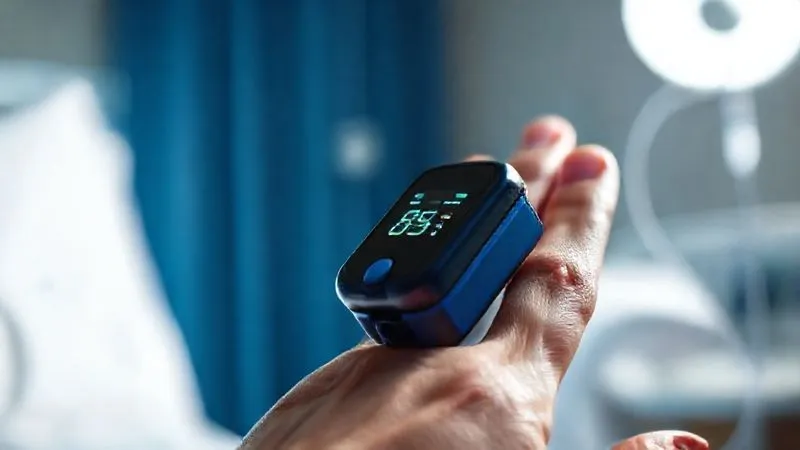 A close-up, photorealistic, professional photography shot of a patient's hand with a pulse oximeter on a finger, displaying a low SpO2 reading (e.g., 85%). In the background, slightly blurred, a hospital bed and a clear oxygen tube connected to a nasal cannula are visible. Cinematic lighting emphasizes the urgency, sharp focus on the oximeter display, and a shallow depth of field, 8K hyper-detailed. A close-up, photorealistic, professional photography shot of a patient's hand with a pulse oximeter on a finger, displaying a low SpO2 reading (e.g., 85%). In the background, slightly blurred, a hospital bed and a clear oxygen tube connected to a nasal cannula are visible. Cinematic lighting emphasizes the urgency, sharp focus on the oximeter display, and a shallow depth of field, 8K hyper-detailed.
