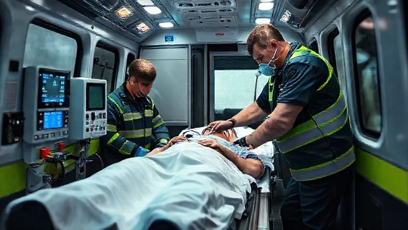 A photorealistic, professional photography shot inside an ambulance with paramedics attending to a patient on a stretcher. One paramedic is monitoring a vital signs machine showing SpO2, while another is adjusting an oxygen mask. The scene is urgent but controlled, with cinematic lighting, sharp focus on the patient and paramedics, and a shallow depth of field, 8K hyper-detailed. A photorealistic, professional photography shot inside an ambulance with paramedics attending to a patient on a stretcher. One paramedic is monitoring a vital signs machine showing SpO2, while another is adjusting an oxygen mask. The scene is urgent but controlled, with cinematic lighting, sharp focus on the patient and paramedics, and a shallow depth of field, 8K hyper-detailed.
