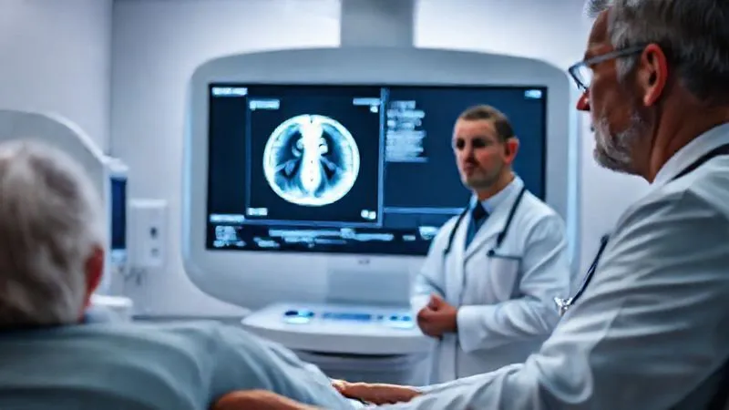 A photorealistic, professional photography shot of a modern medical diagnostic room. A physician is reviewing a detailed chest CT scan on a large, illuminated screen, while a patient in the foreground is undergoing an ECG. Cinematic lighting, sharp focus on the diagnostic equipment and physician's focused expression, with a shallow depth of field, 8K hyper-detailed. A photorealistic, professional photography shot of a modern medical diagnostic room. A physician is reviewing a detailed chest CT scan on a large, illuminated screen, while a patient in the foreground is undergoing an ECG. Cinematic lighting, sharp focus on the diagnostic equipment and physician's focused expression, with a shallow depth of field, 8K hyper-detailed.